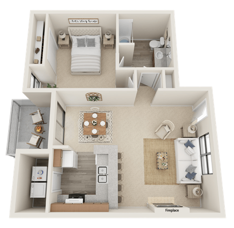 Huntington Pointe A1 3D Floor Plan 662 square feet 1 bed 1 bath